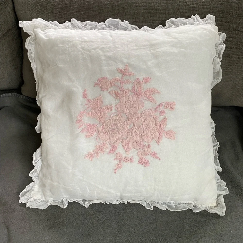 Lauren Ralph Lauren embroidered appliqué, pink rose, cotton, ruffled pillow